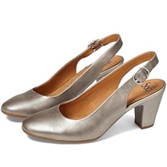 Sofft Lilly Sling Back Sandals Block Heels Pewter Metallic Size 9M NWOB - Picture 1 of 11